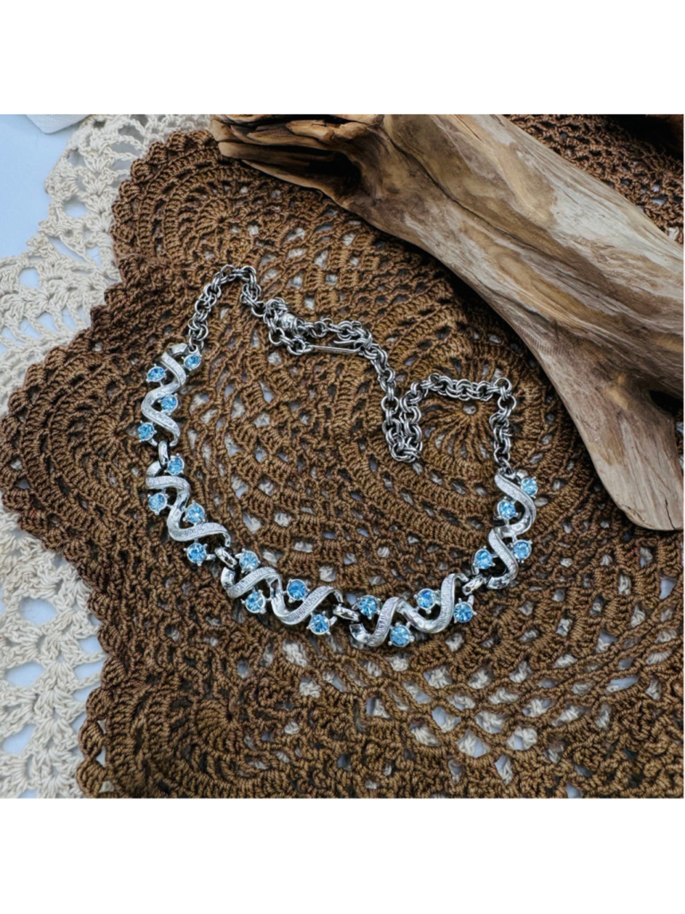 Coro Vintage Silver Tone Blue Rhinestone Swirl Statement Necklace - Picture 5 of 5